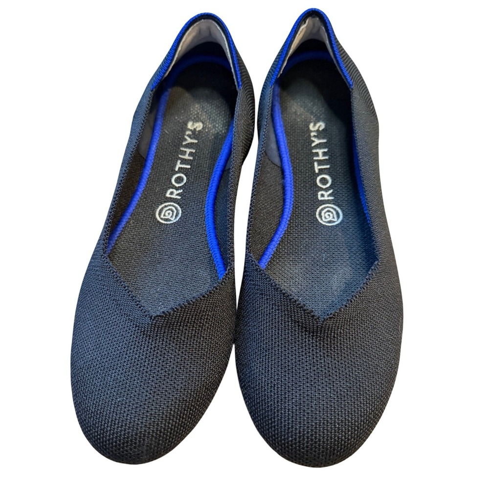 Rothys The Point Black Knit Pointed Toe Flats Blue Halo Womens Size 9.5